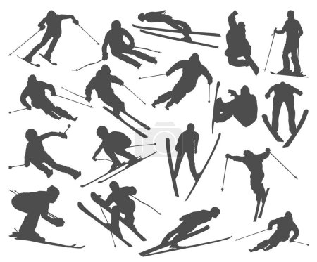 Téléchargez les illustrations : Ensemble de silhouettes de skieurs. Les skieurs descendent la pente. - en licence libre de droit