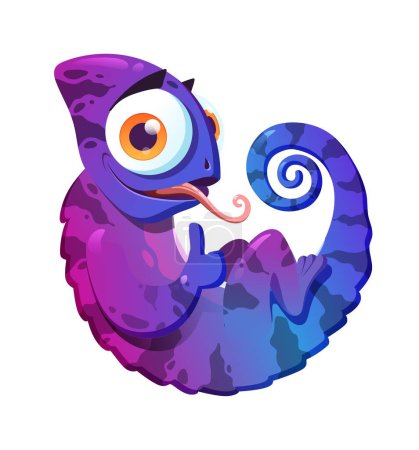 Illustration of purple chameleon character.
