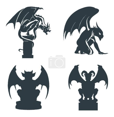 Ilustración de Set of 4 silhouettes of gargoyles - Imagen libre de derechos