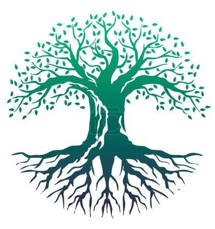 Téléchargez les illustrations : Image d'un arbre avec couronne et racines formant un cercle - en licence libre de droit