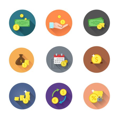 Illustration for Set of flat financial icons of savings, currency exchange, receiving funds - Royalty Free Image