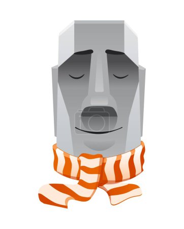 Illustration of a stone head from Easter Island wearing a striped scarf