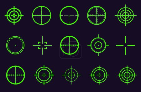 Sniper aim pointer. Focus sniper, sight military for shoot illustration. Target navigation, sniper weapon mark cursor, different focus military sight and focused eye shooting aims vector symbols set