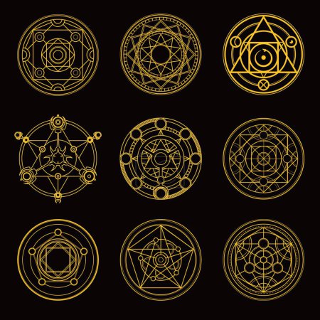 Téléchargez les illustrations : Un ensemble de cercles magiques pour la sorcellerie. Cercles alchimiques secrets pour la transformation - en licence libre de droit