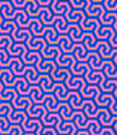 Abstraktes geometrisches Nahtmuster. Helles rosa-blaues Muster auf dunklem Hintergrund