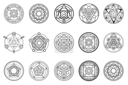 Ilustración de Un gran conjunto de círculos mágicos. Círculos mágicos alquímicos para brujería - Imagen libre de derechos