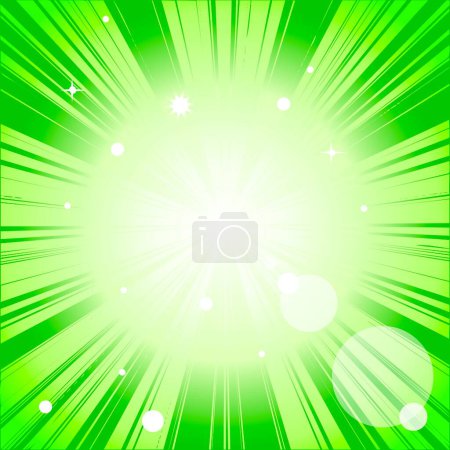 Abstract green bright background. A bright light source emits rays in all directions