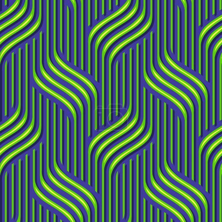Téléchargez les illustrations : Motif géométrique vert ondulé abstrait sans couture sur fond bleu - en licence libre de droit