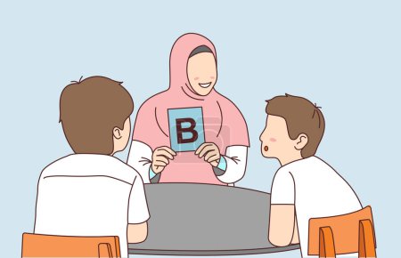 Foto de Profesor en hiyab enseña la letra b a los estudiantes. Ilustración de la enseñanza de un profesor - Imagen libre de derechos