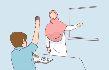 Foto de El profesor en el hiyab preguntó a los estudiantes. Los estudiantes levantan la mano para responder preguntas. Ilustración de la enseñanza de un profesor - Imagen libre de derechos