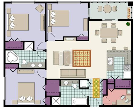 Illustration for Vector of three bedrooms plus den and two baths condo. Detailed floor plan with furniture. - Royalty Free Image