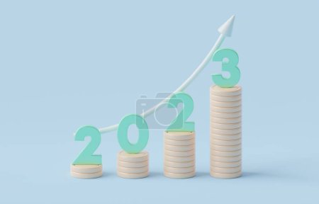 Photo for Rising coin stacks with exponential arrow graph of year 2023, rapid financial growth in year 2023, business prosperity concept, 3d render illustration. - Royalty Free Image