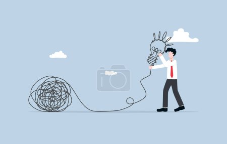Téléchargez les illustrations : Gain knowledge from problem solving, turn crisis to opportunity for learning and skill development, find creative solution concept, Businessman create light bulb from tangled line. - en licence libre de droit