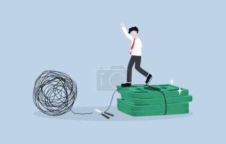 Illustration for Financial independence, ability to support oneself without relying on others or job through sufficient wealth, FIRE concept, Businessman celebrating after cutting tangled line from pile of money. - Royalty Free Image