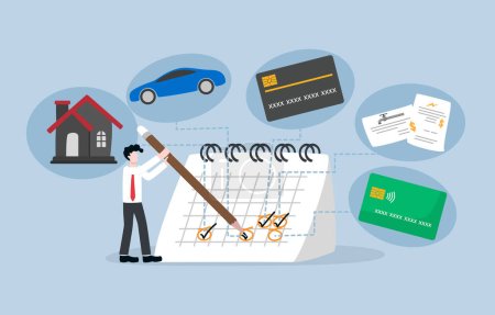 Illustration for Effective management for monthly expenses, debt payment, track spending and prioritization to reach financial goal concept, Businessman marking check sign on calendar about monthly payment. - Royalty Free Image