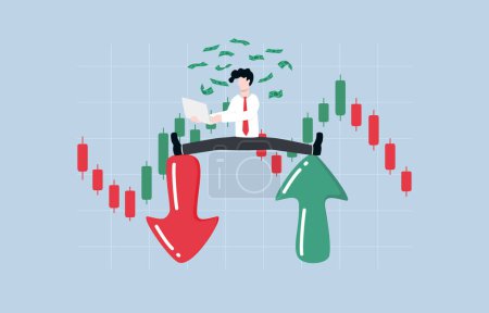 Téléchargez les illustrations : Making profit from both rising and falling markets, skillful analysis of market trends, professional investment concept, Smart businessman making money from trading on both up and down arrows. - en licence libre de droit