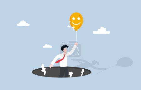 Ilustración de Changing mindset to be more positive for better life, reframing negative thought, optimistic concept, Businessman flying out of hole by using smiley face balloon. - Imagen libre de derechos