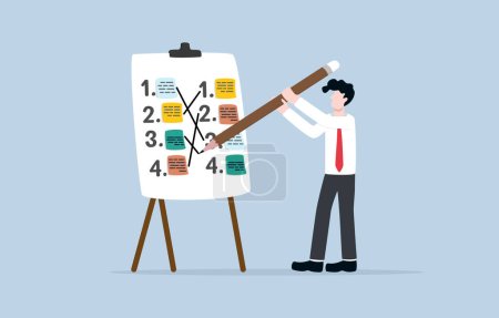 Arbeitsplan für beste Produktivität ändern, Aufgaben oder Pläne wechseln, neues Prioritätenkonzept festlegen, Businessman neu anordnen, um Liste mit klebrigen Zetteln auf Whiteboard zu erstellen.