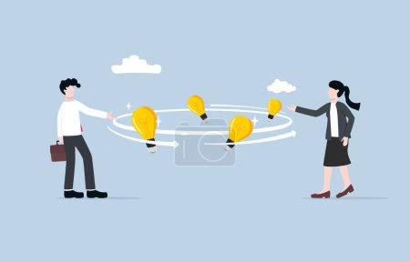 Illustration for Sharing ideas or knowledge in workplace, transfer experience between colleagues, exchange perspective concept, Colleagues having convesation with idea light bulbs spinning between them. - Royalty Free Image