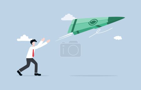 Illustration for Building wealth, making profit from investment, financial opportunity, opportunity to increase income concept, Businessman throwing paper plane of banknote up to the air. - Royalty Free Image