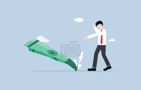 Illustration for Loss of money due to market downturn, poor decision making, lack of diversification, or unforseen event, failed business concept, Sad businessman with paper plane of banknote accident. - Royalty Free Image