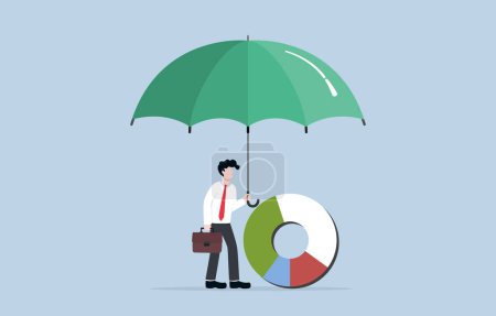 Careful management of investment portfolio, diversification, regular monitoring, and making informed decision based on market trend concept, Businessman spreading umbrella to cover pie chart.