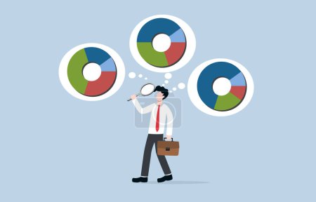 Illustration for Finding suitable investment portfolio type or appropriate asset allocation, considering diversification, investment strategy concept, Businessman holding magnifier to analyze pie charts. - Royalty Free Image