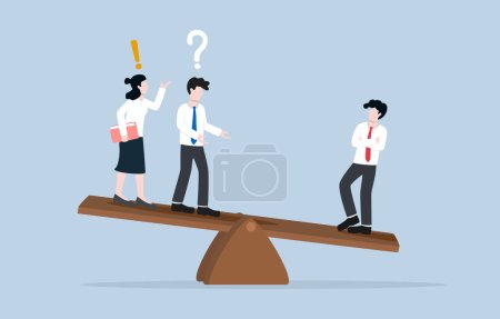 Illustration for Double standard in the workplace, treating employees differently, discrimination concept, Businessman is heavier than two confused colleagues on another side of seesaw. - Royalty Free Image