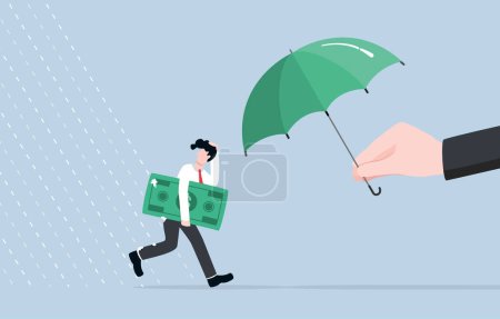 Illustration for Policy response to help citizen during recession, fiscal and money stimulus, business help concept, Businessman with banknote running away from rain to umbrella which is spread by giant hand. - Royalty Free Image