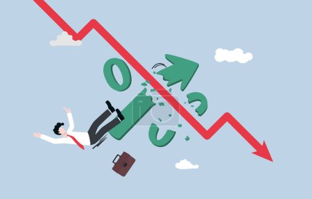 Illustration for Inflation remains high while interest rates hike, economic recession, hyperinflation concept, Businessman falling from broken percentage sign rocket after colliding with downtrend graph. - Royalty Free Image