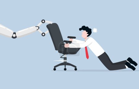 Ilustración de Oportunidad de perder el trabajo para la IA, reduciendo el número de trabajadores humanos en la organización o la empresa, el impacto de la tecnología para el concepto de empleo, Empresario luchando silla de oficina con AI. - Imagen libre de derechos