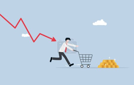 Illustration for Low investor confidence, investing in gold during recession, safe haven asset against inflation concept, Businessman with shopping cart running away from downtrend graph attack and trying to buy gold. - Royalty Free Image