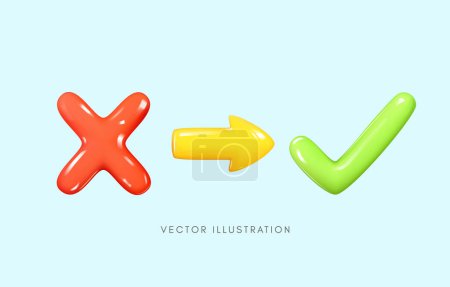 Illustration for 3D cross sign turning to be check mark sign, development and progress, improving performance concept, Vector illustration. - Royalty Free Image