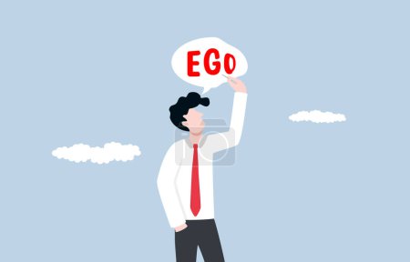 Ego reduzieren, Demut kultivieren, Wert aus einer anderen Perspektive erkennen, offen für Feedback und konstruktive Kritik sein, Geschäftsmann entleert Sprechblase aus Wort-EGO mit Nadel.
