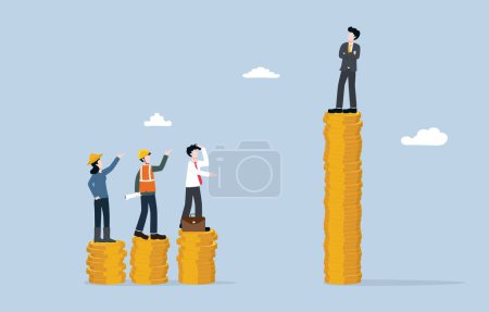 Illustration for Economic inequality, very high income difference between rich and poor concept, Middle class and working class people on low coins stack looking at elite on high coins stack. - Royalty Free Image