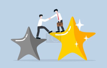 Mentor support to develop performance feedback, guidance for career growth, advice for work progress concept, Businessman helping colleague to move from blackout star to big bright star. 