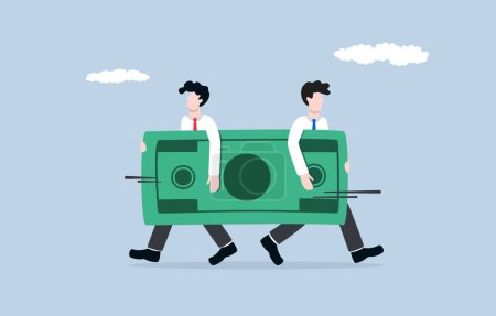 Illustration for Conflict of co-investors or stakeholders, opposite opinions in investment team, financial problem concept, Businessman and teammate holding same banknote and walking in opposite directions. - Royalty Free Image