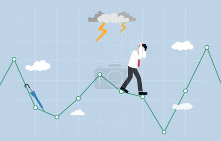 Illustration for Wrong speculation in stock market, financial loss from incorrect forecasting, investment volatility concept, Businessman getting wet in rain while standing on stock graph without umbrella. - Royalty Free Image