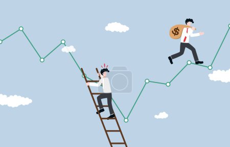Illustration for Lose opportunity to profit from stock market, false speculation concept, Businessman climbing down ladder against downtrend graph while another investor carrying money bag on uptrend graph. - Royalty Free Image