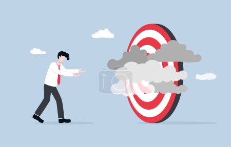 Illustration for Unclear target, lack of specific business goal or direction, confusion and inefficiency due to poor business vision concept, Businessman frustrated with clouds obscuring target. - Royalty Free Image