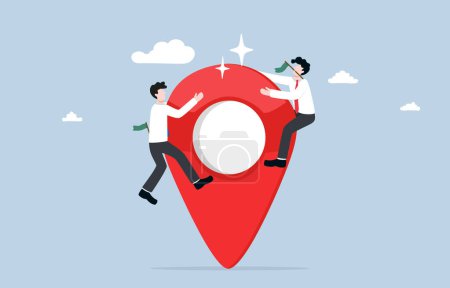 Illustration for Competing to occupy business space, effort to gain maximum market share in specific area, ambition and leadership concept, Businessmen competing to stand on top of map pin icon. - Royalty Free Image