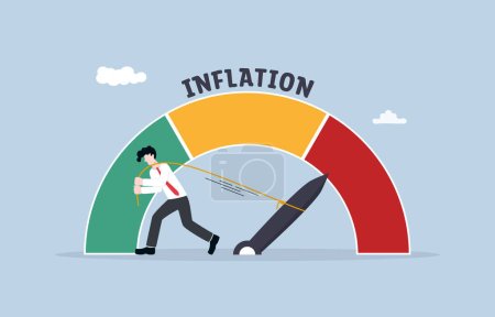 Illustration for Effort to reduce inflation rate, fighting against financial crisis, stabilizing economy concept, Businessman trying to pull pointer of inflation rate gauge to normal level. - Royalty Free Image