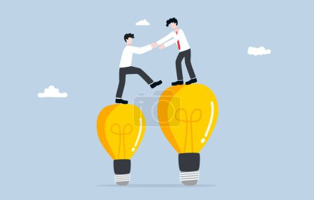 Illustration for Transferring knowledge or experience to new employee or junior in workplace, mentorship concept, Senior businessman pulling junior up to bigger idea lightbulb. - Royalty Free Image