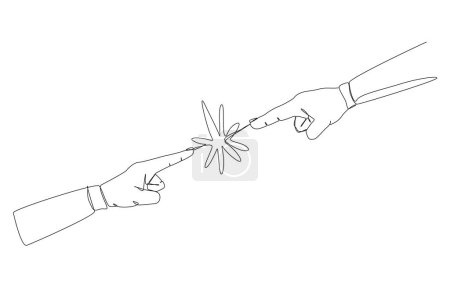 Illustration for Continuous one-line drawing of two hands pointing at each other, business conflict, dispute between employees, different thought concept, single line design vector illustration. - Royalty Free Image
