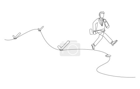 Illustration for Continuous one-line drawing of businessman running to next checkpoint to put check mark, journey of success, work progress concept, single line art. - Royalty Free Image