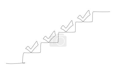 Téléchargez les illustrations : Schéma linéaire continu unique de l'escalier avec des crochets sur chaque étape, progression des travaux, concept d'achèvement des tâches, illustration vectorielle de dessin d'une ligne. - en licence libre de droit
