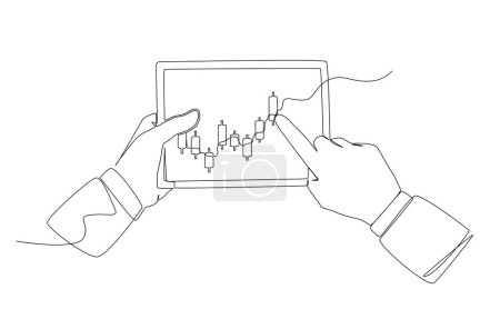 Illustration for Continuous one line drawing of hands holding tablet showing candlestick stock graph, stock investment concept, single line design vector illustration. - Royalty Free Image