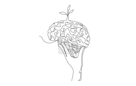 Illustration for Continuous one line drawing of hand holding brain with young tree on top, personal development, growth mindset concept, single line art. - Royalty Free Image