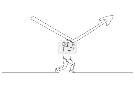 Illustration for Continuous one line drawing of businessman pushing falling arrow to rising up, economic recovery, stock market rebound concept, single line art. - Royalty Free Image