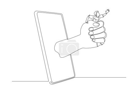 Kontinuierliche einzeilige Zeichnung einer großen Hand, die aus dem Smartphone kommt, um Mann, Telefon oder Social-Media-Suchtkonzept zu halten, einzeilige Kunst.